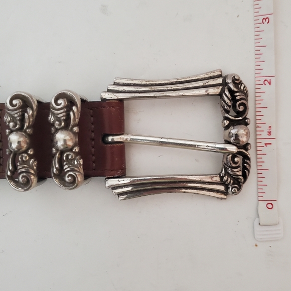 Brighton brown leather braided woven silver tone engraved buckle western belt M - Picture 4 of 10